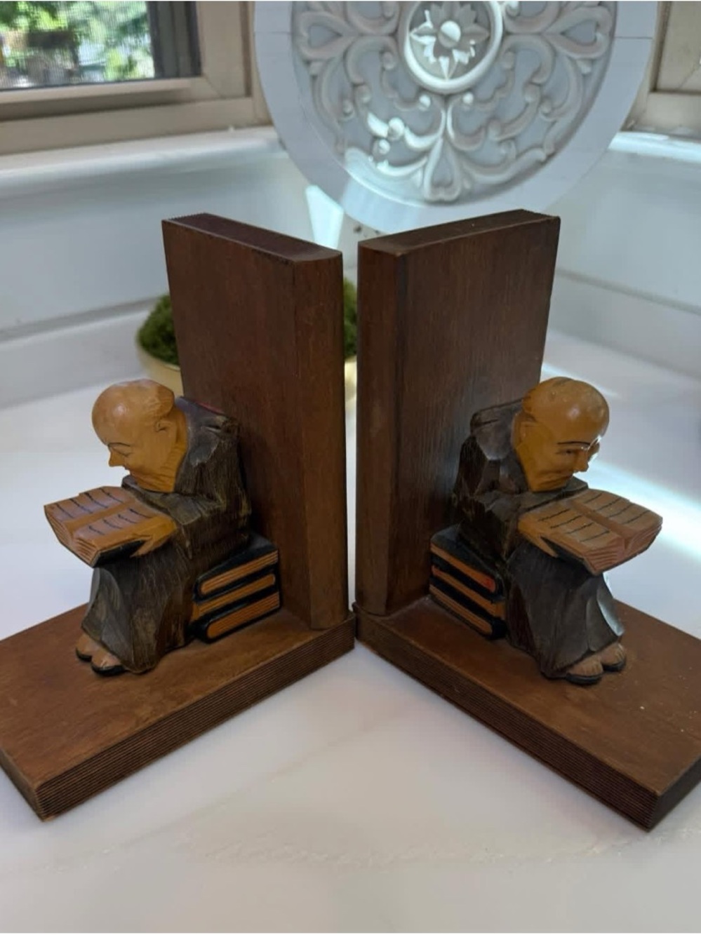 Vintage Wood Carved Monk Bookends in Brown and Tan